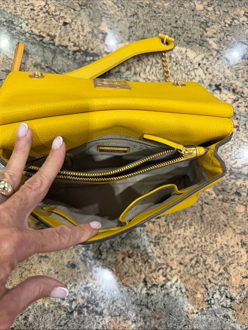 Tory Burch Yellow Pebbled Leather Chain Shoulder Bag with Gold Logo